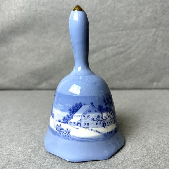 Blue Porcelain Ceramic Vintage Blue and White Decorative Winter Farm Scene Bell - Picture 2 of 5